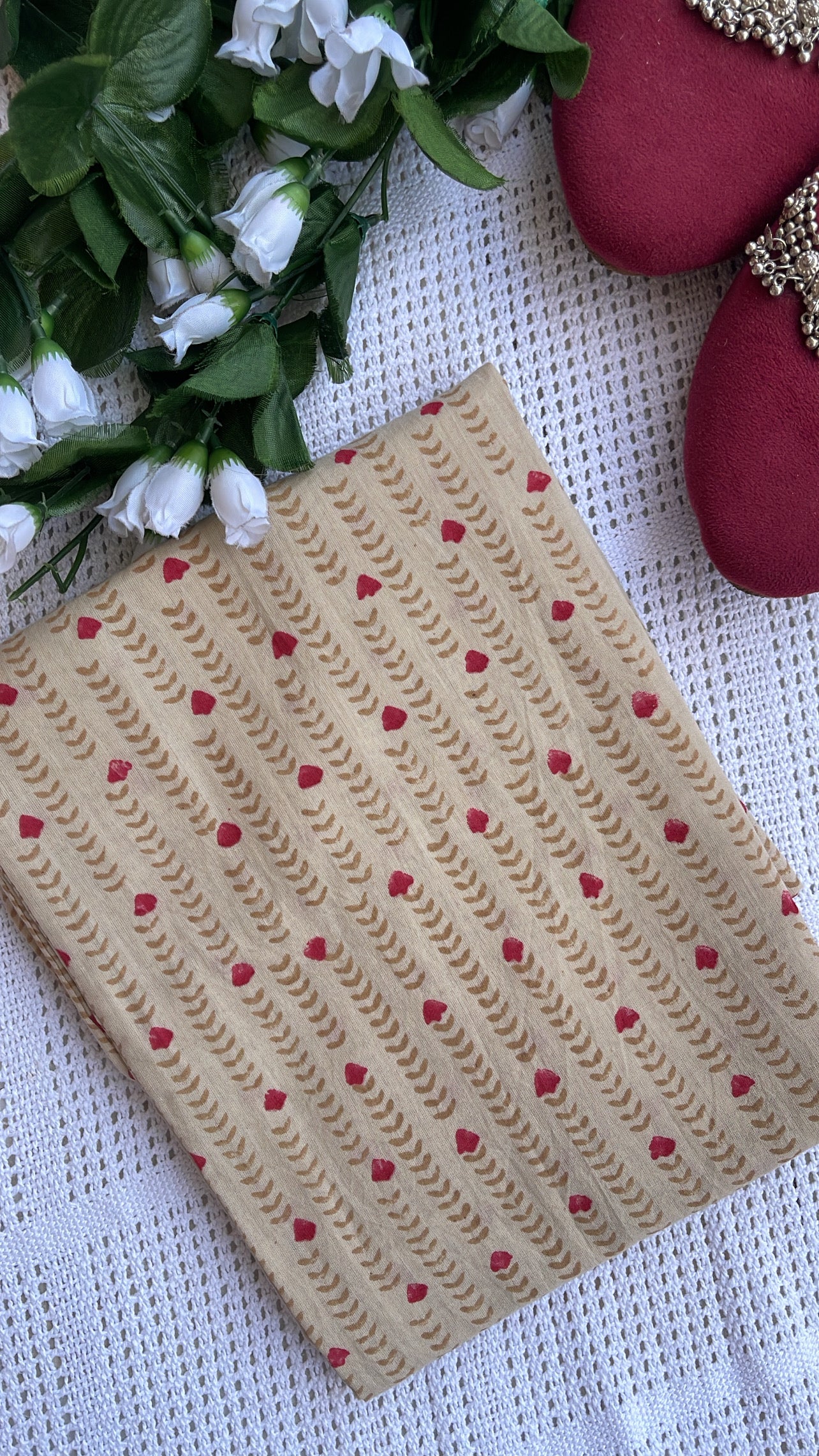 Elegant Hand Block Printed Beige & Red Suit Set