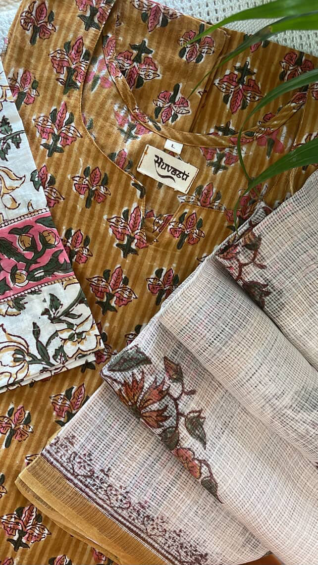 HAND BLOCK PRINTED COTTTON KURTA SET WITH DORIYA DUPATTA