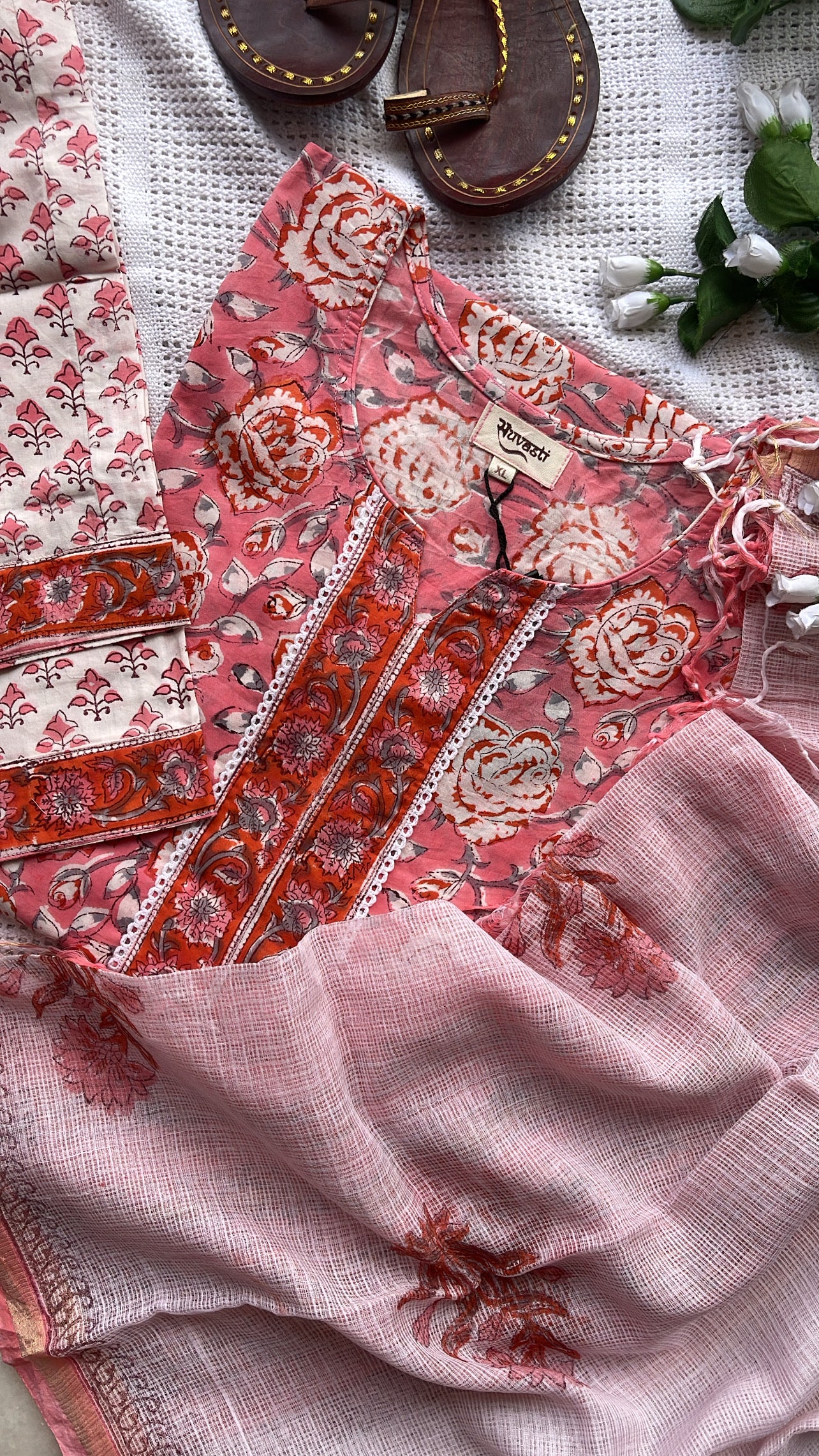 Pink Floral Hand Blocked Print Suit Set