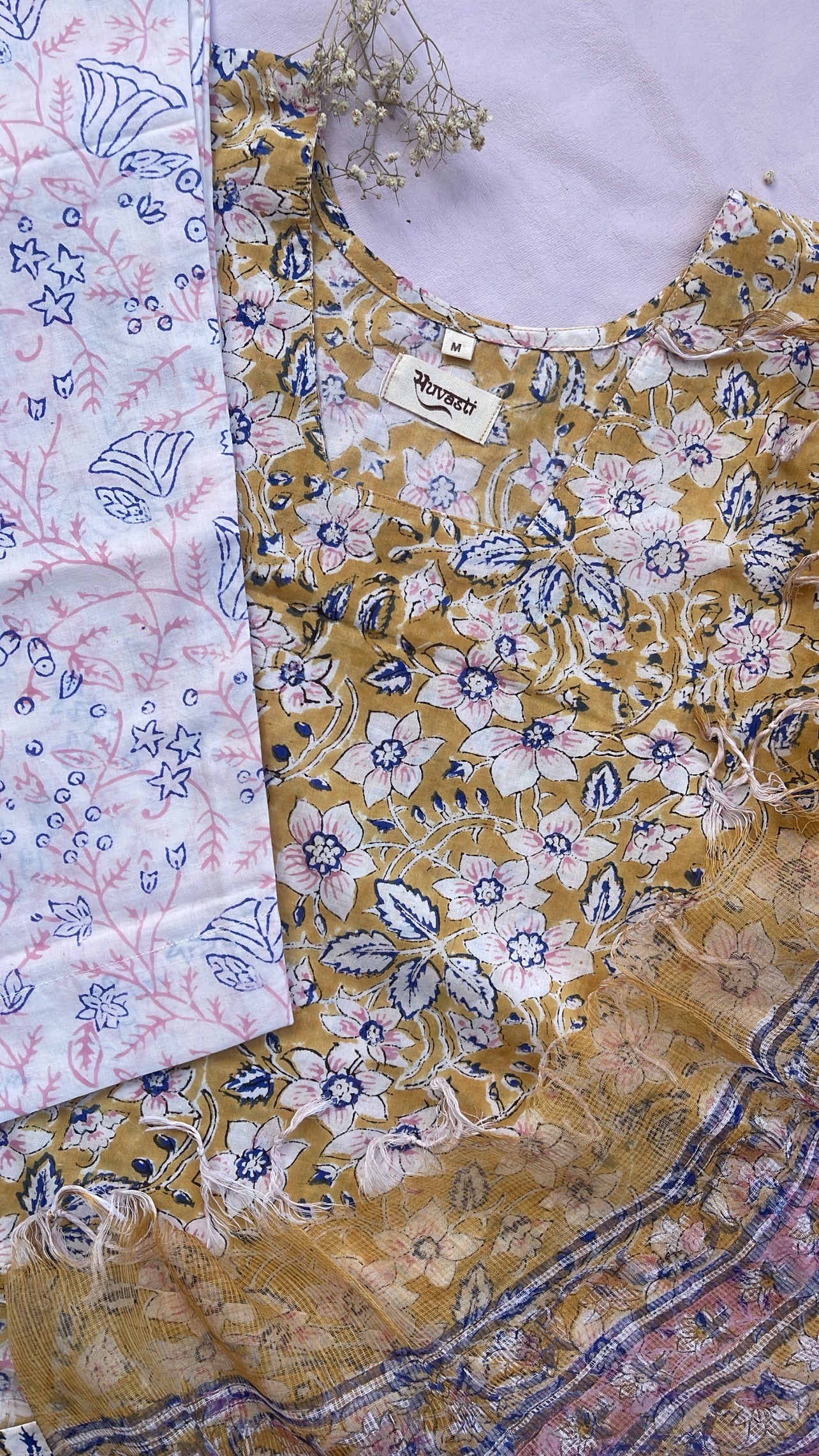 WHITE FLORAL HAND BLOCK PRINT SUIT SET