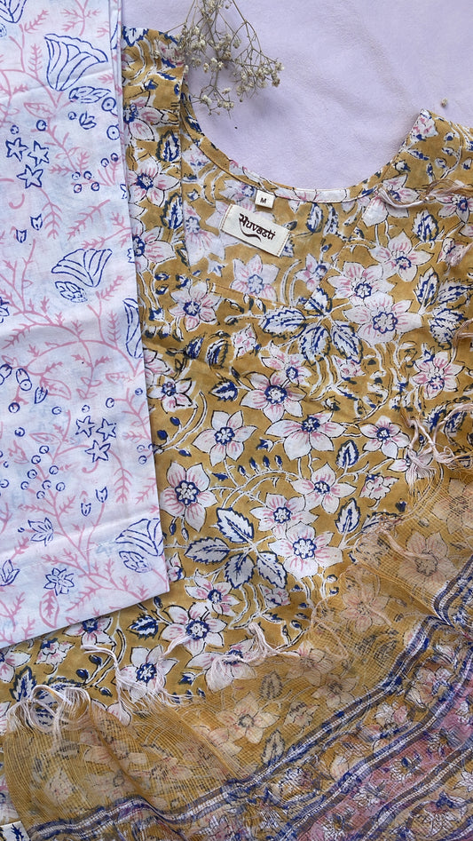 WHITE FLORAL HAND BLOCK PRINT SUIT SET