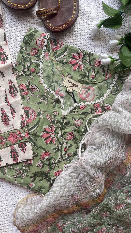 Green Floral Hand Blocked Printed Suit Set
