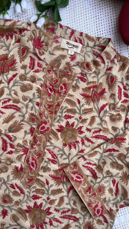 Elegant Hand Block Printed Beige & Red Suit Set