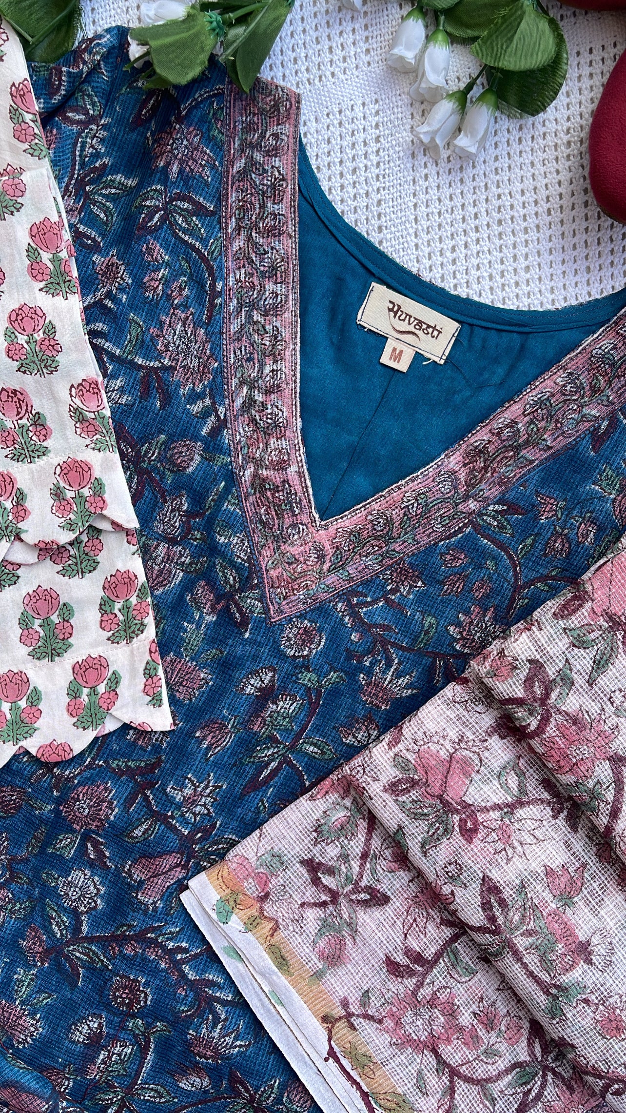 Suvasti Hand block-Printed Floral Pure Kota Doriya Suit Set– Teal & Pink