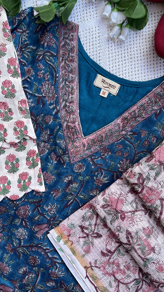 Suvasti Hand block-Printed Floral Pure Kota Doriya Suit Set– Teal & Pink