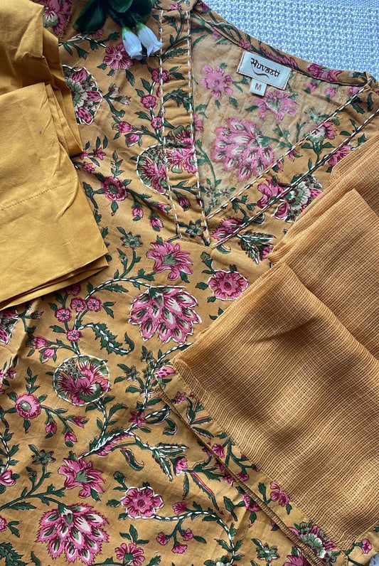 Kantha Mustard Floral Handblock Print Suit Set.