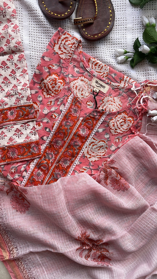 Pink Floral Hand Blocked Print Suit Set