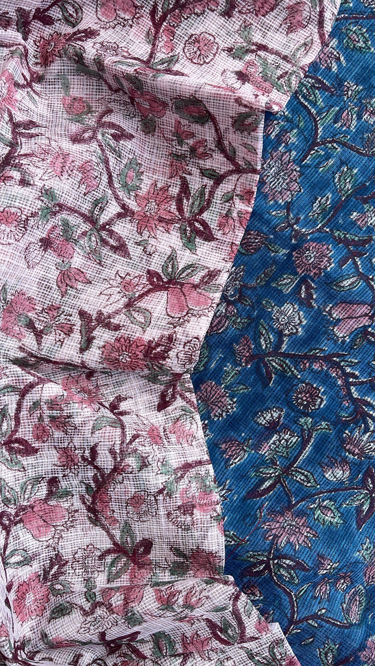 Suvasti Hand block-Printed Floral Pure Kota Doriya Suit Set– Teal & Pink