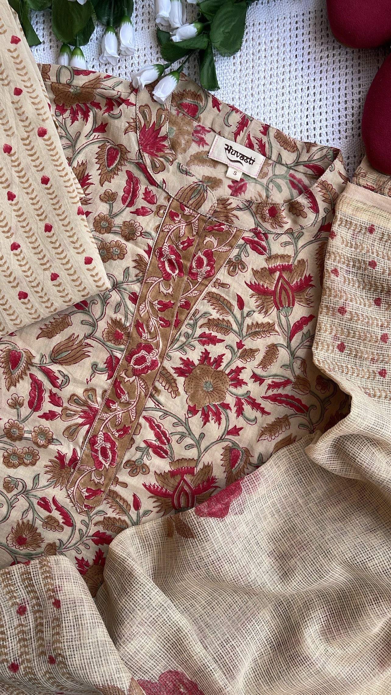 Elegant Hand Block Printed Beige & Red Suit Set